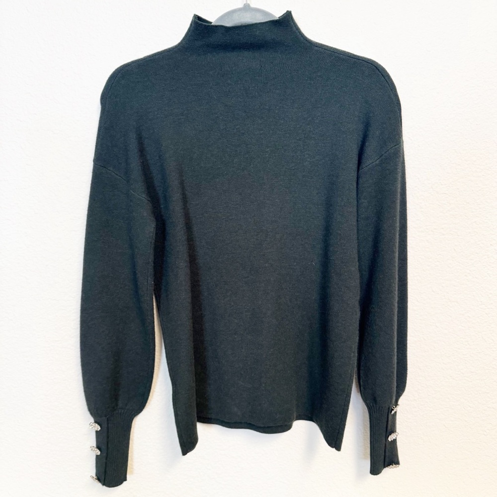 Tahari Forest Green Mock Neck Pullover Sweater with Rhinestone Button Cuffs